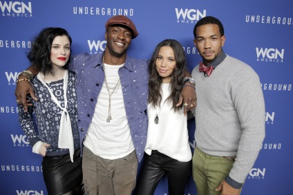 PARK CITY, UT - JANUARY 23: Actors Jessica De Gouw, Aldis Hodge, Jurnee Smollett-Bell and Alano Miller attend the WGN America celebration of "Underground" with John Legend At The VIDA TEQUILA Lounge on January 23, 2016 in Park City, Utah. (Photo by Alison Buck/Getty Images for WGN America)